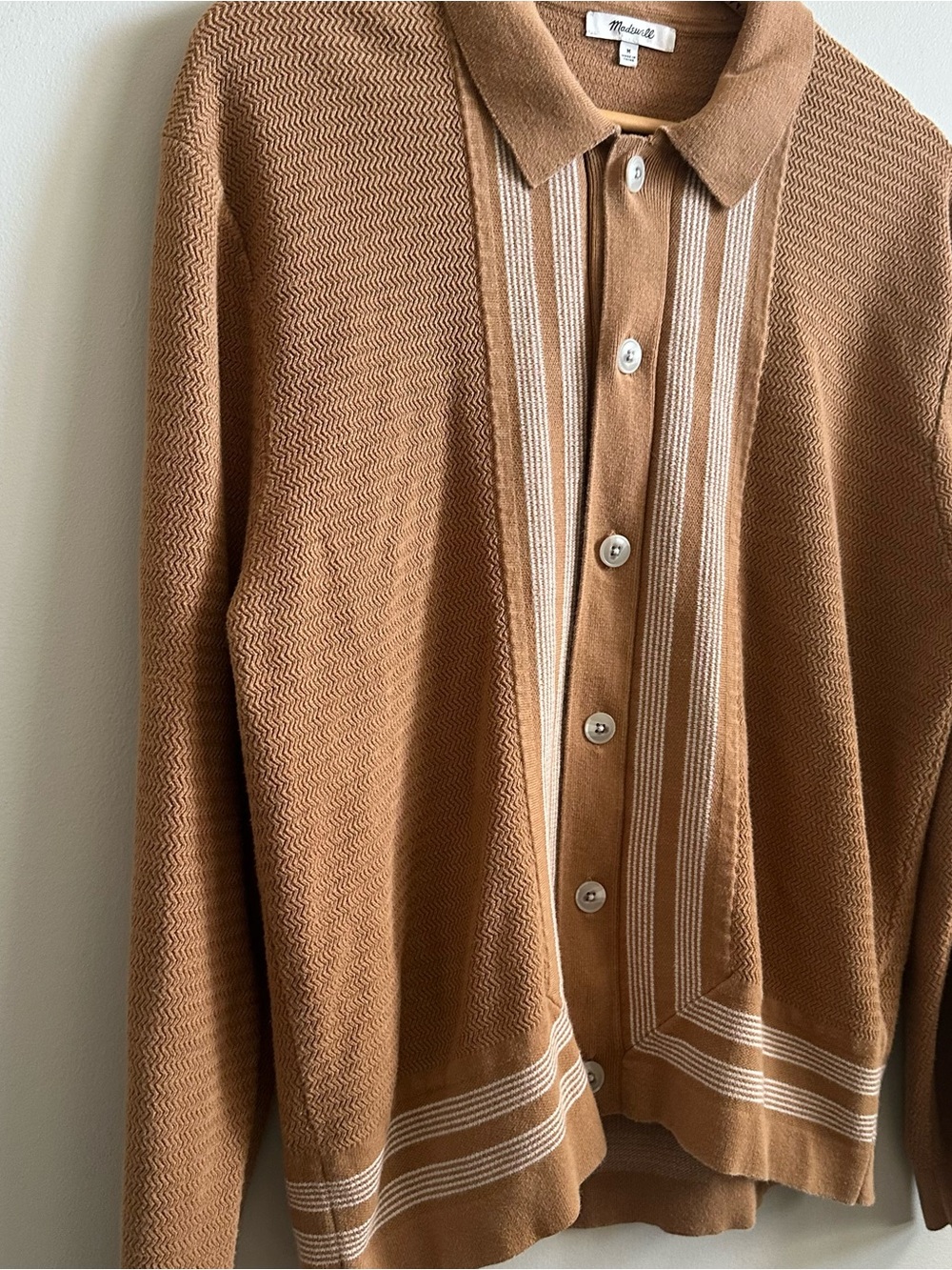 Madewell Men's 100% Cotton Knit Polo Cardigan Sweater Brown Cream Medium - Picture 3 of 8